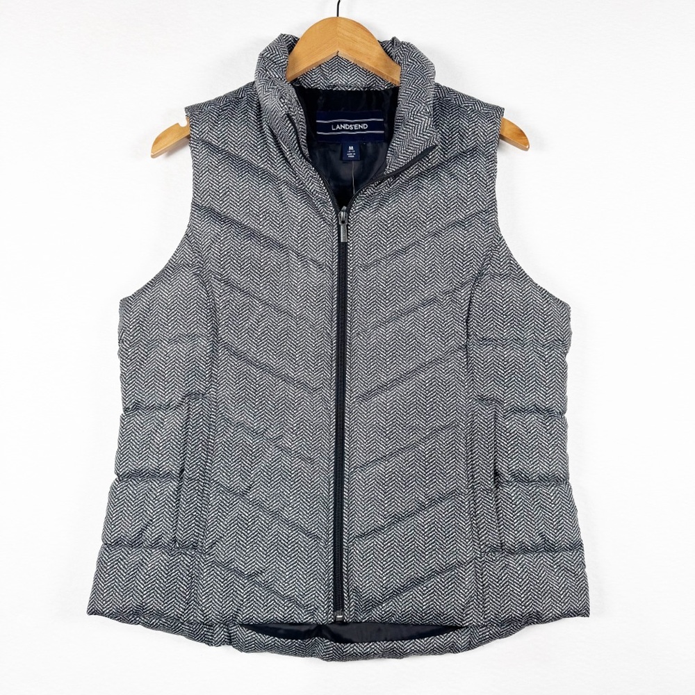 Lands End Women's Medium Black Herringbone Chevron Down Puffer Vest Quilted B7